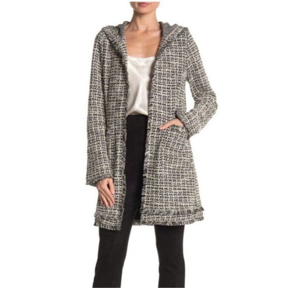 Laundry by Shelli Segal Hooded Boucle Jacket Size Small Fringed Hem Edges Cuff - Picture 5 of 12